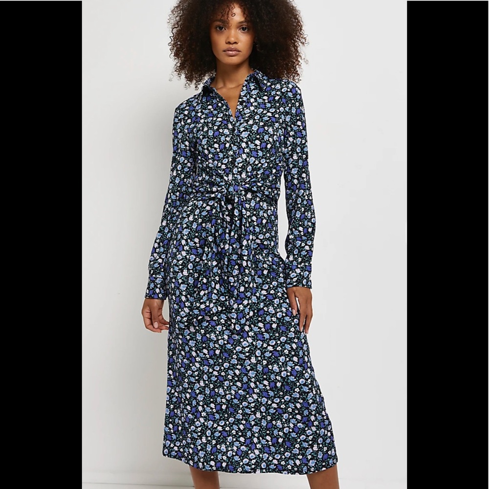 NWT River Island Navy/Multi Color Floral Midi Shirt Dress